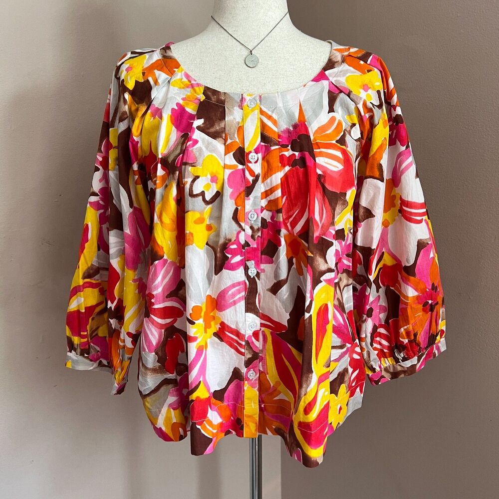 Frances Valentine Zoe Poplin Floral Cotton Blouse Puff Sleeve Button Front Top M